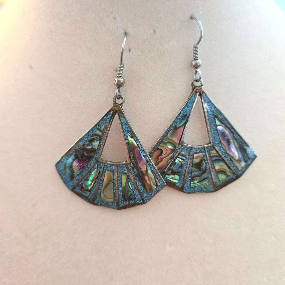 Vtg Mexico Alpaca Sterling Silver Abalone Shell and Turquoise Fan Earrings